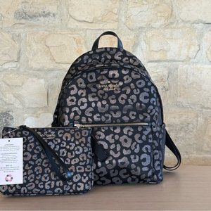Kate Spade Chelsea Medium leopard print Backpack + Wristlet NWT Black Gold